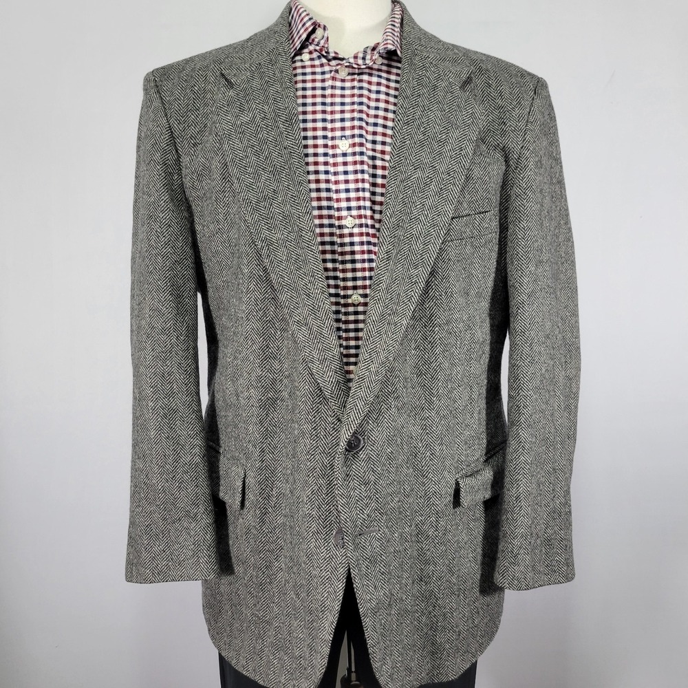 Barrington Men's Tweed Sport Coat Blazer Two Button Herringbone‎ Gray Wool 46R